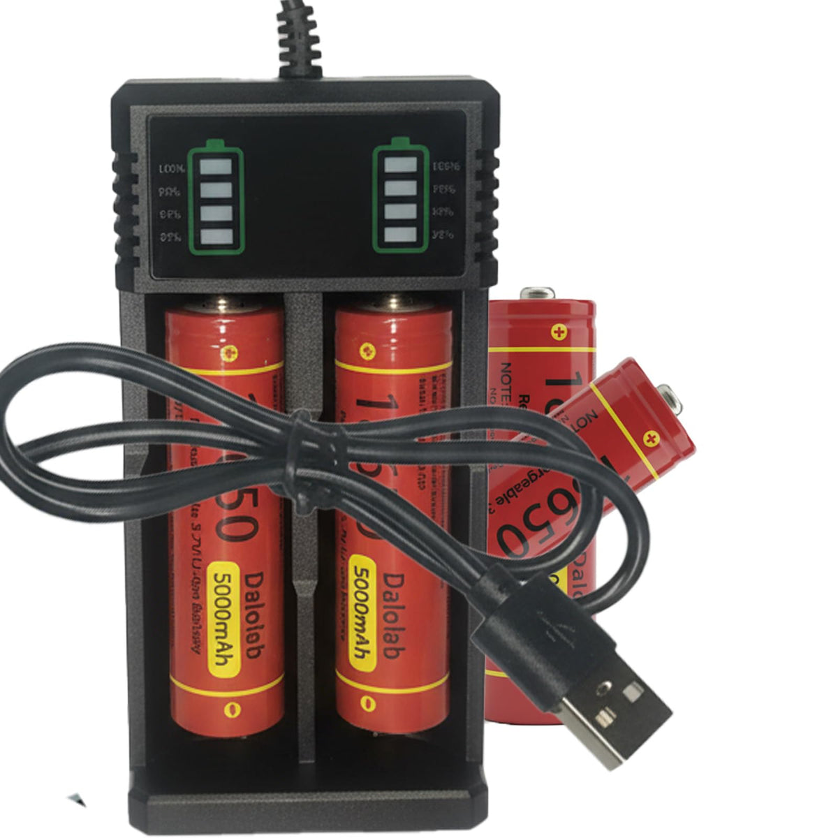 Dalolab 4pc battery charger set front view with dual bays for independent charging.