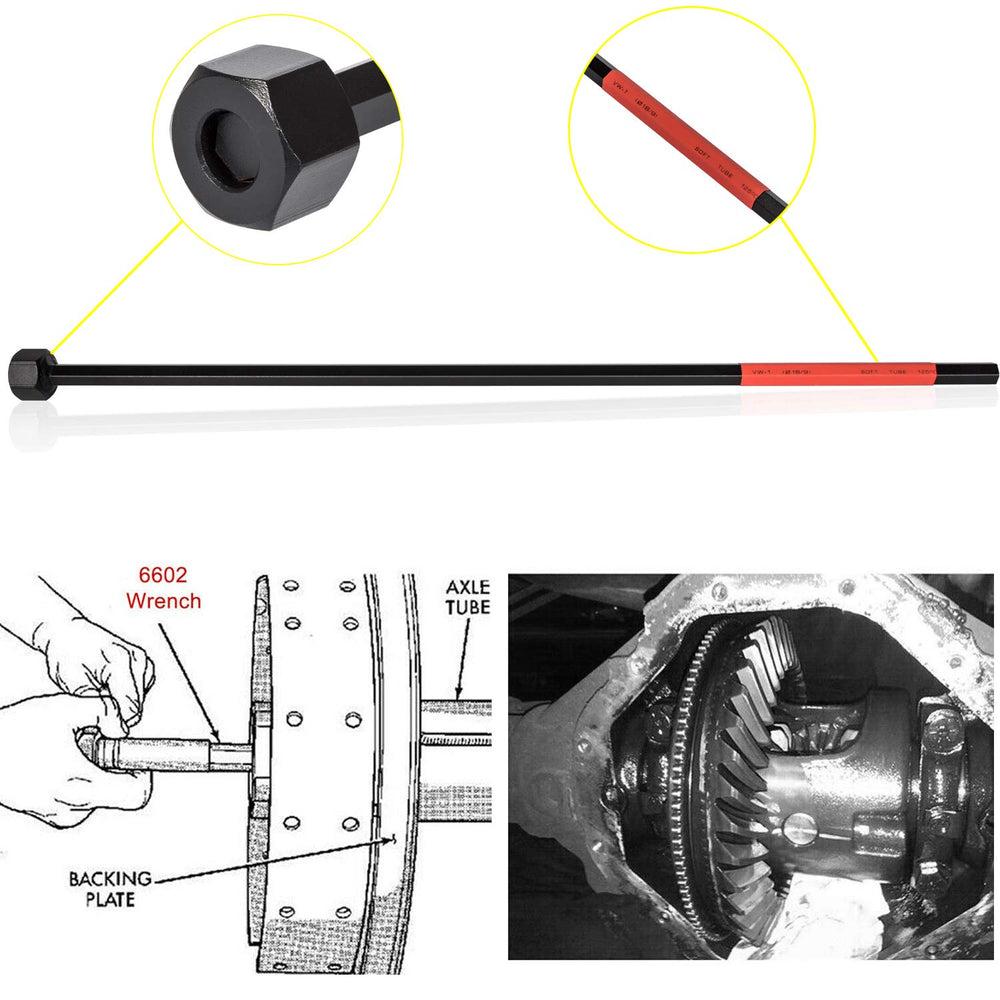 Danti 6602 wrench inside axle tube ready to engage adjusters after shaft removal