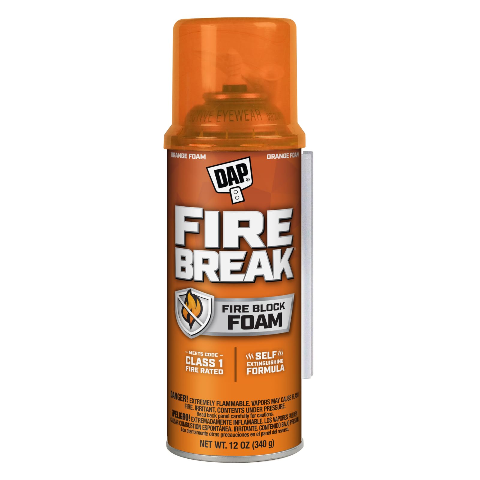 DAP FireBreak canister with bright orange foam demonstrates fire-blocking sealant for penetrations