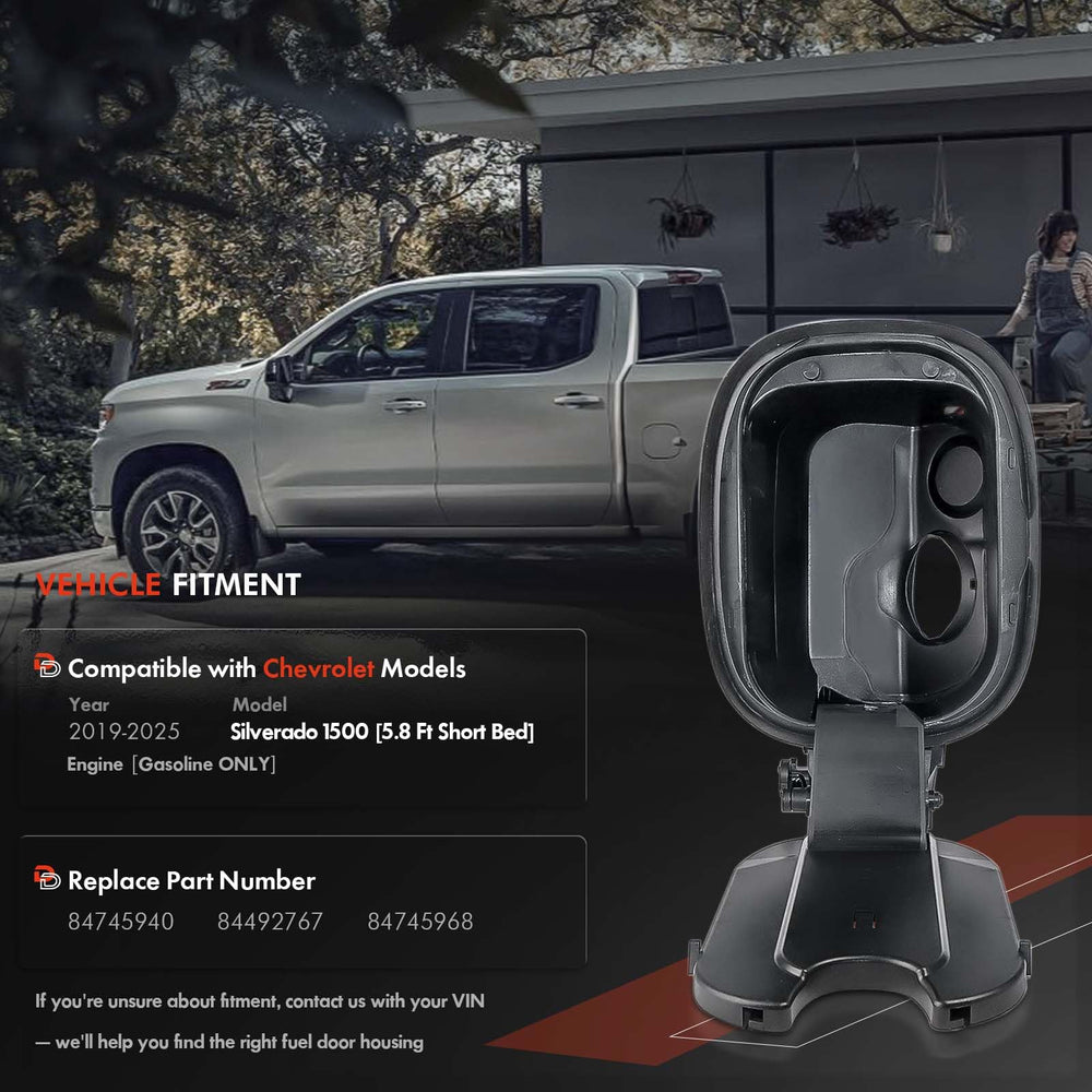 Daposhac fuel door housing front view; OEM-style fit for a seamless Silverado look.