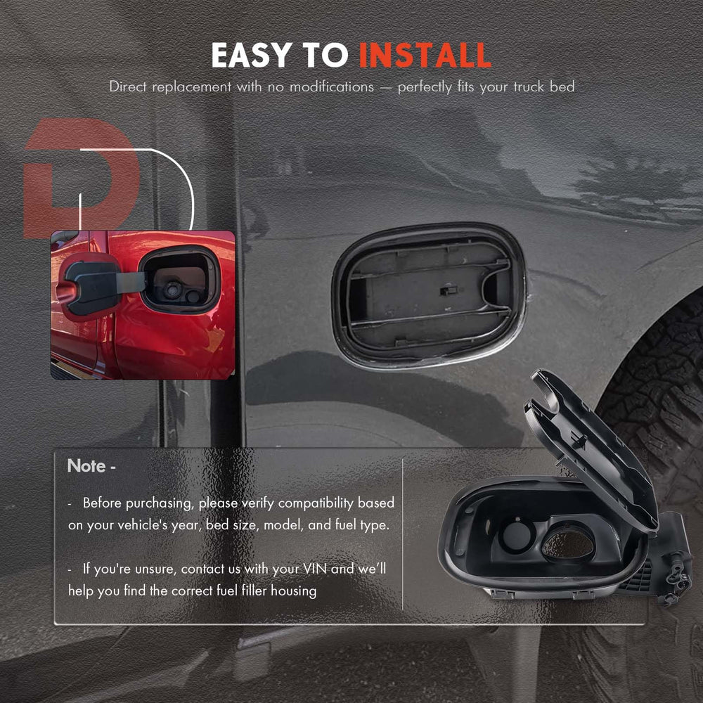 Daposhac fuel door housing for gas models simplifies replacement.
