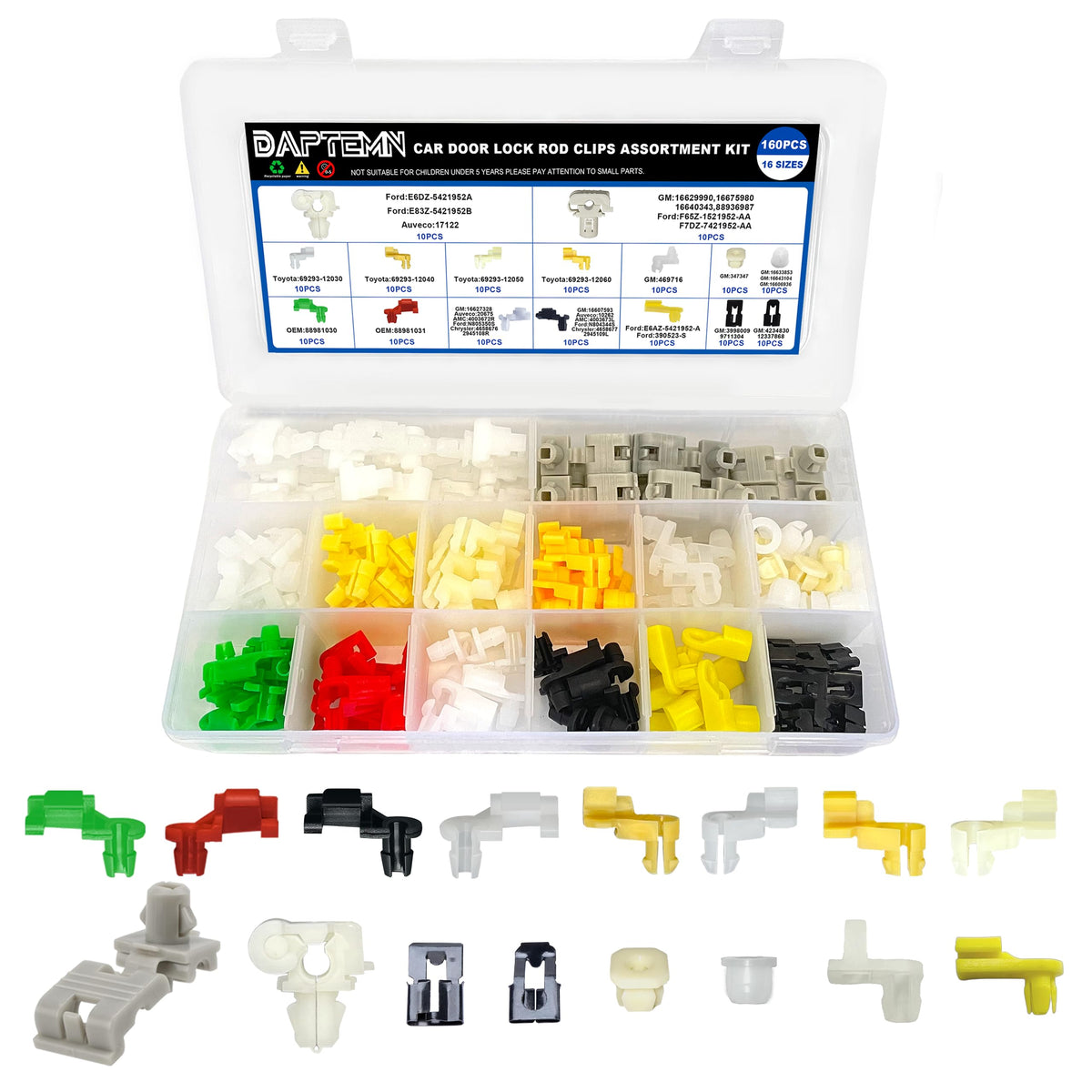 Daptemn 160pcs door clip assortment box shows 16 sizes for easy car door repair.
