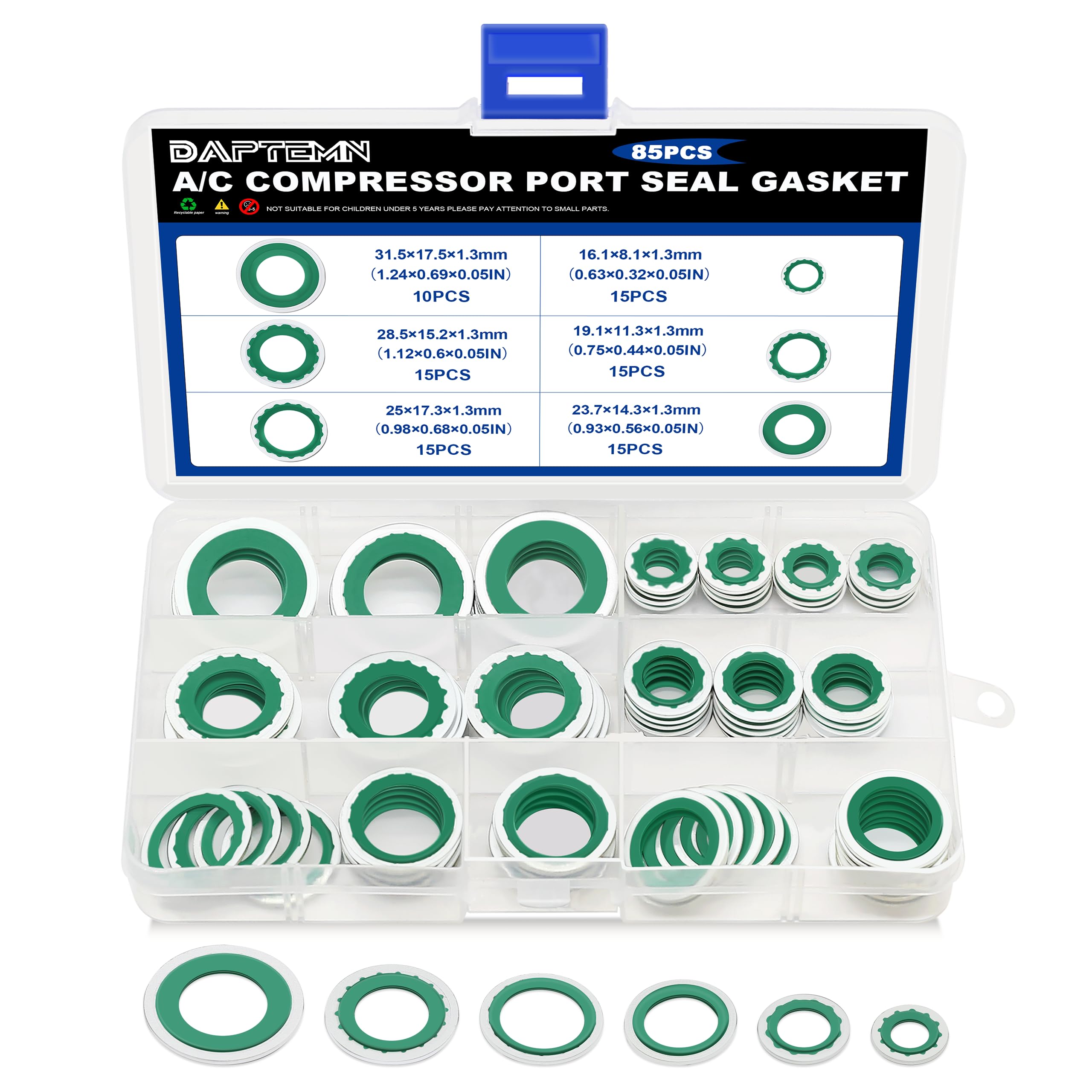 Daptemn 85pcs kit showing six washer sizes for precise A/C port seals.