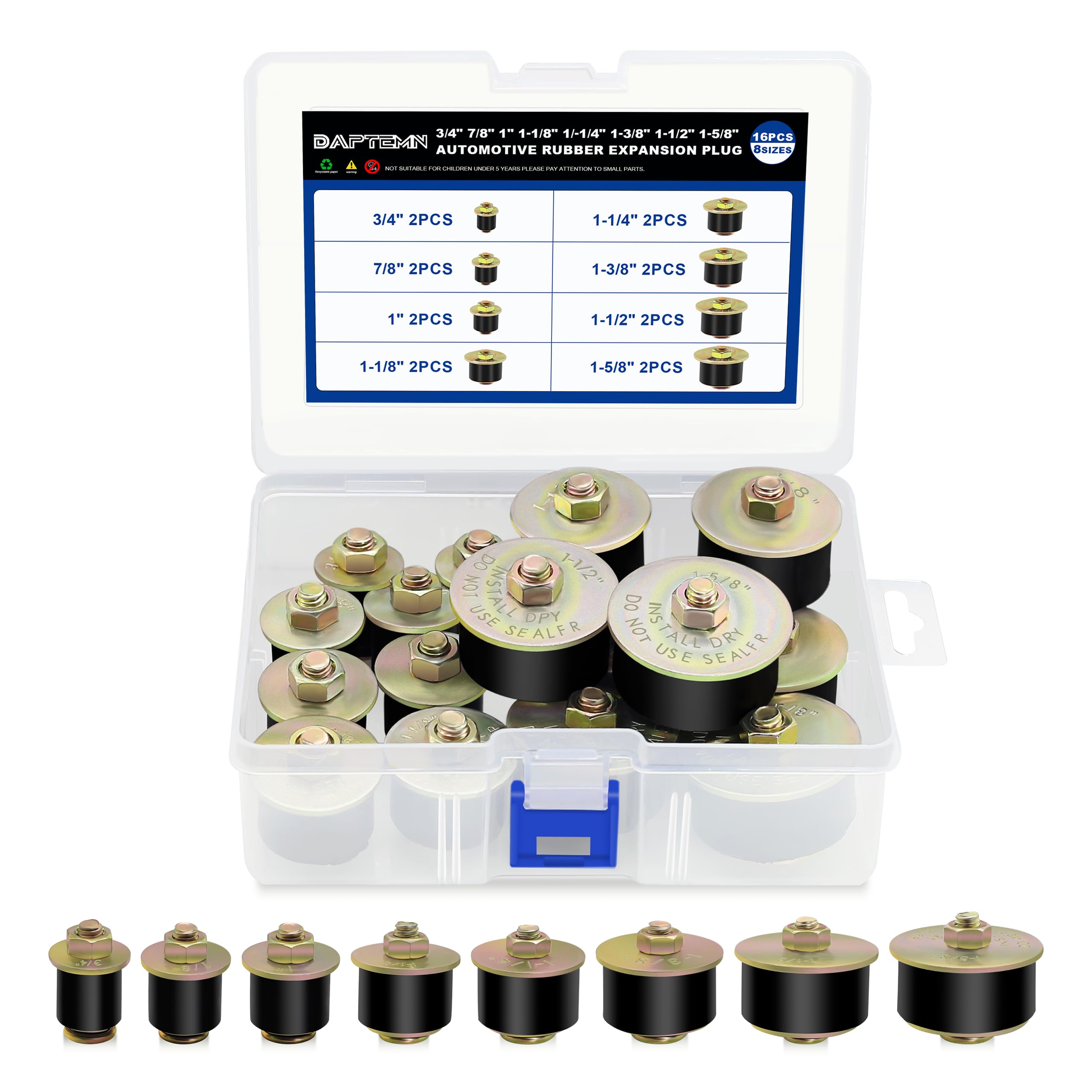 Daptemn expandable rubber freeze plug kit in a sturdy case keeps replacements organized.