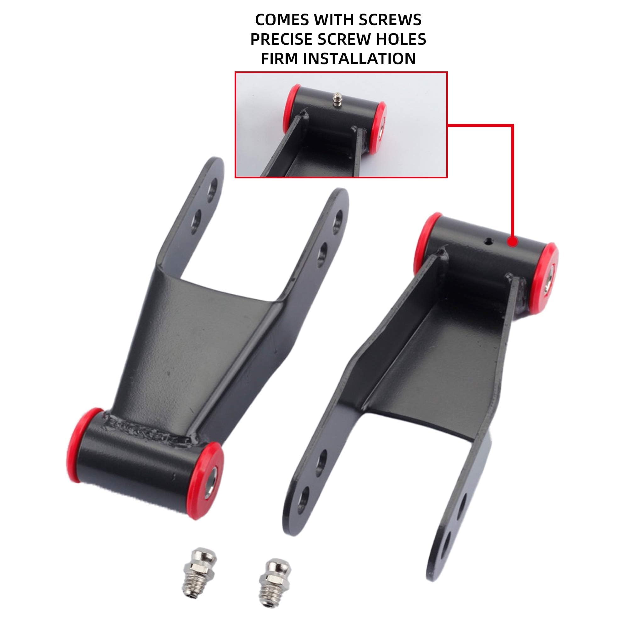 Dasbecan shackle kit installation view showing compatible mounting points on Chevy and GMC trucks.