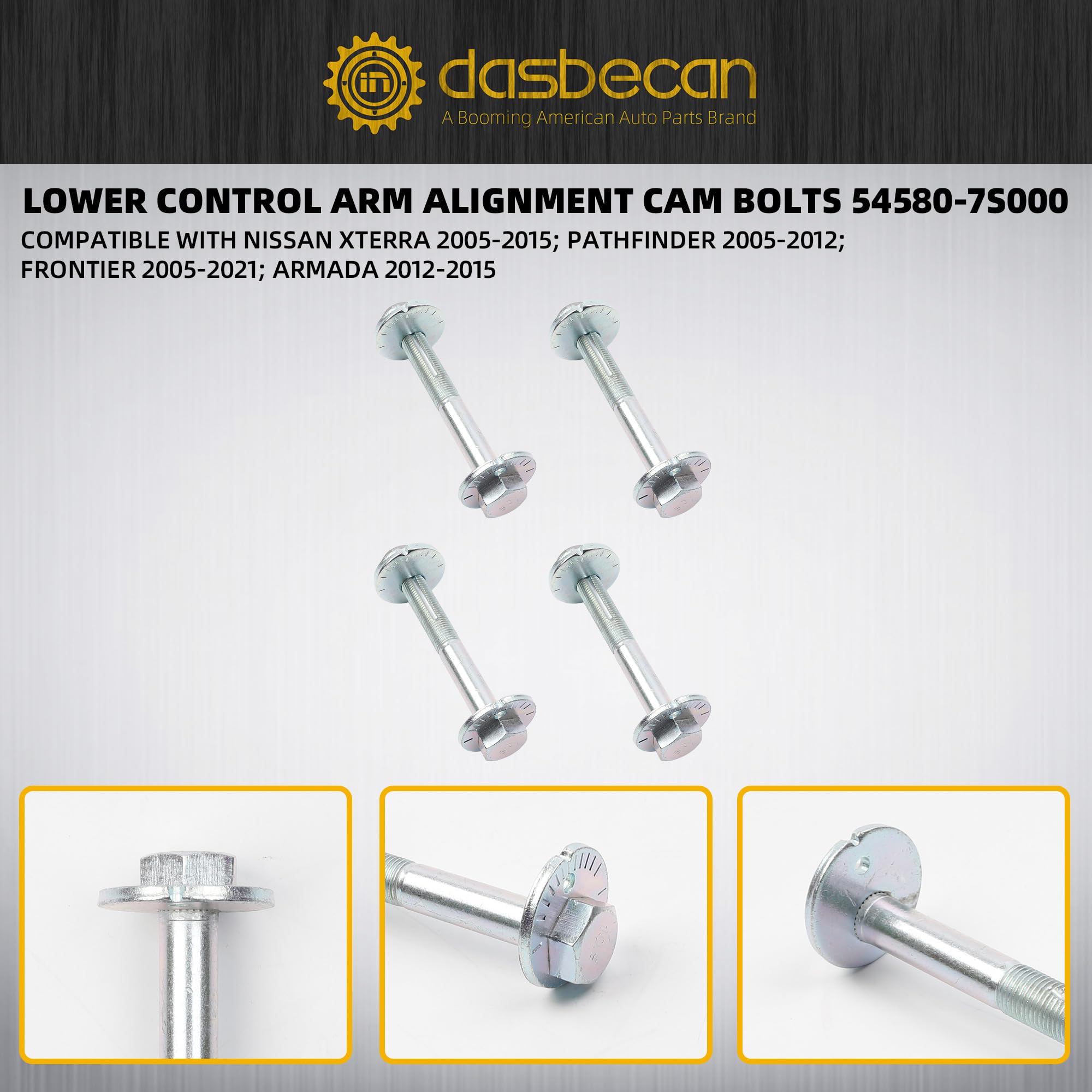 Dasbecan camber bolts for Nissan Pathfinder Xterra Armada front fitment, dependable alignment solution.