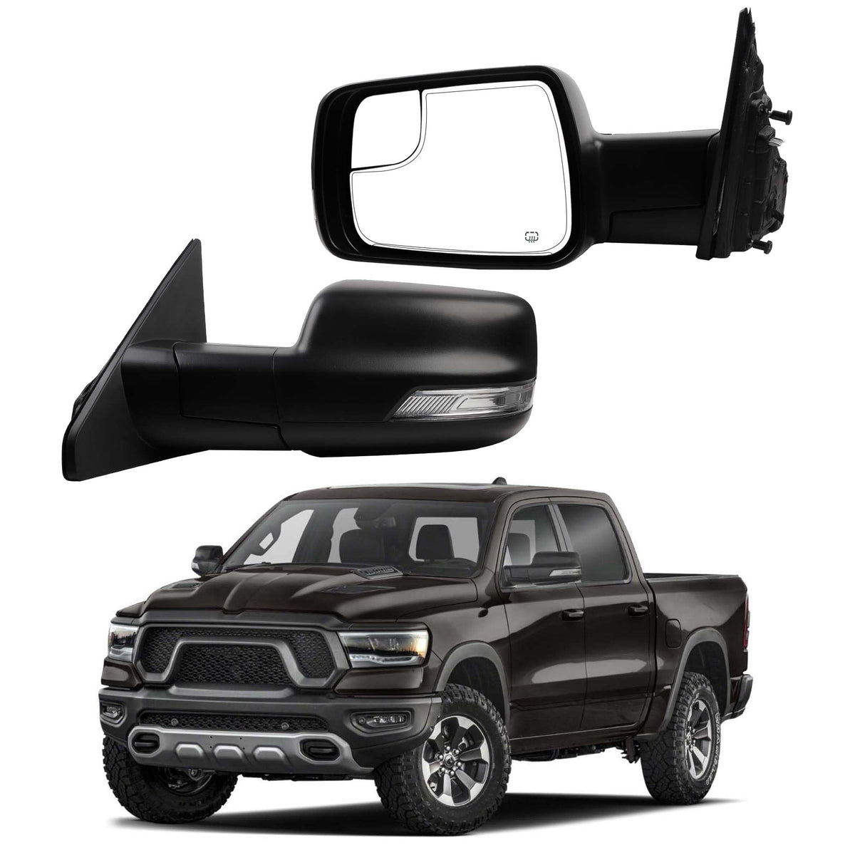 Dasbecan left driver side mirror assembly for Ram 1500, replacement with heated glass and signals for improved visibility.