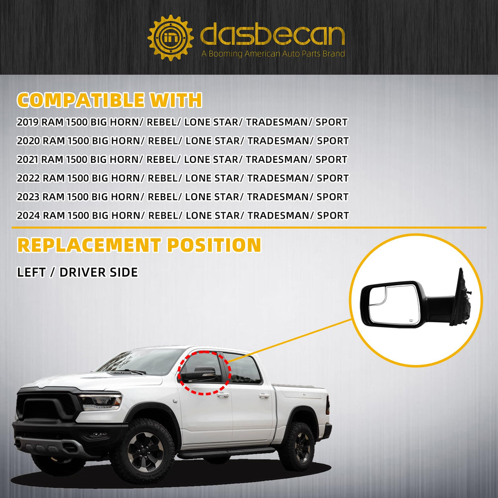 Dasbecan left mirror with in-housing turn signal for visible signaling on Ram 1500.