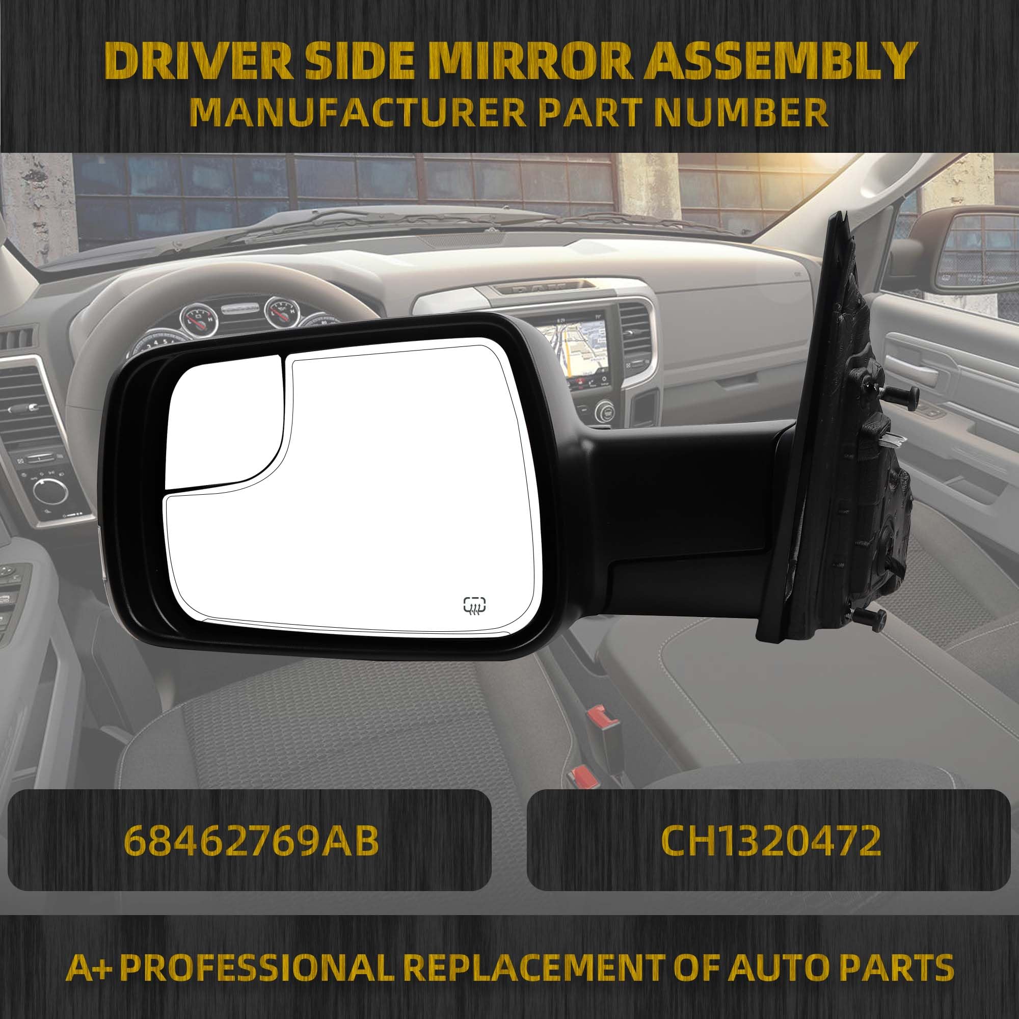 Dasbecan Ram 1500 left mirror with power folding for easy parking and storage.
