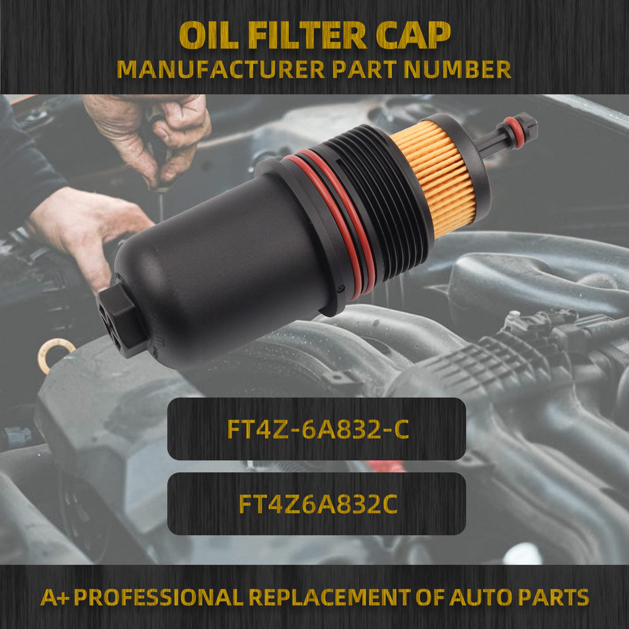 Dasbecan oil filter cap lid cover side view for F-150 2.7L V6, secure fit.