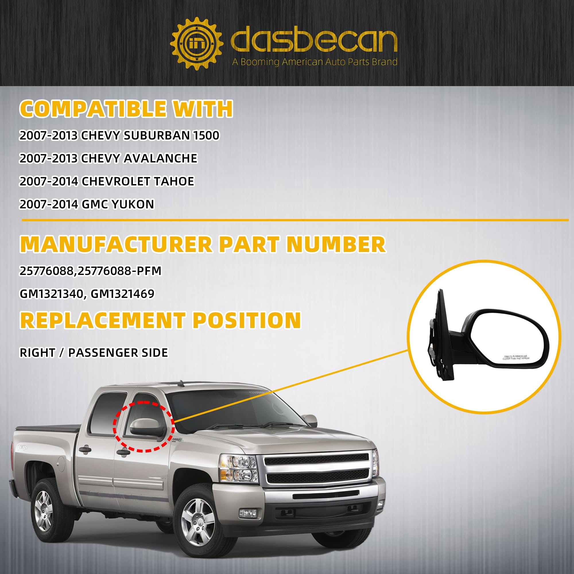 Power glass adjustment on Dasbecan passenger side mirror inside cabin