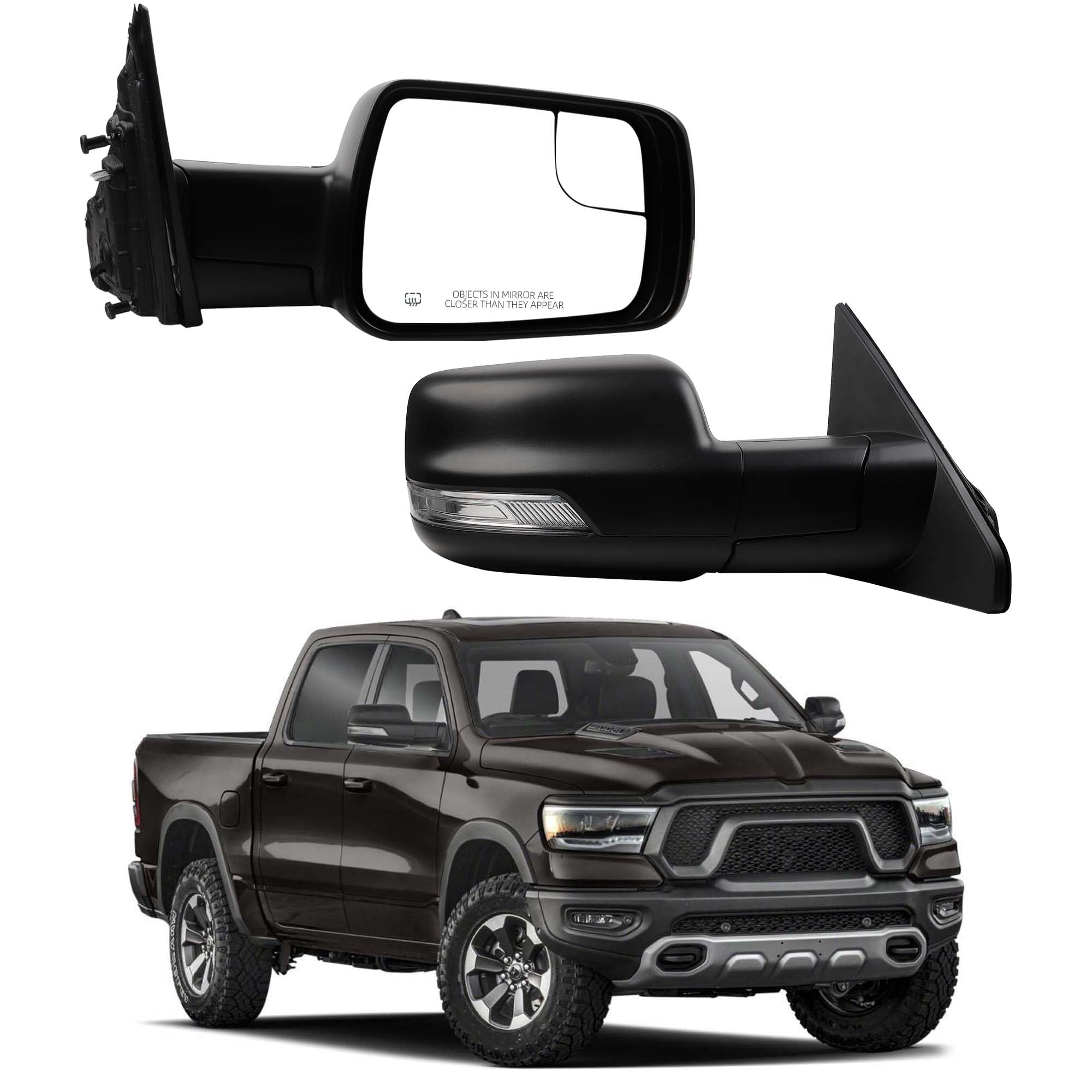 Dasbecan Ram 1500 right passenger mirror with black texture housing for improved visibility