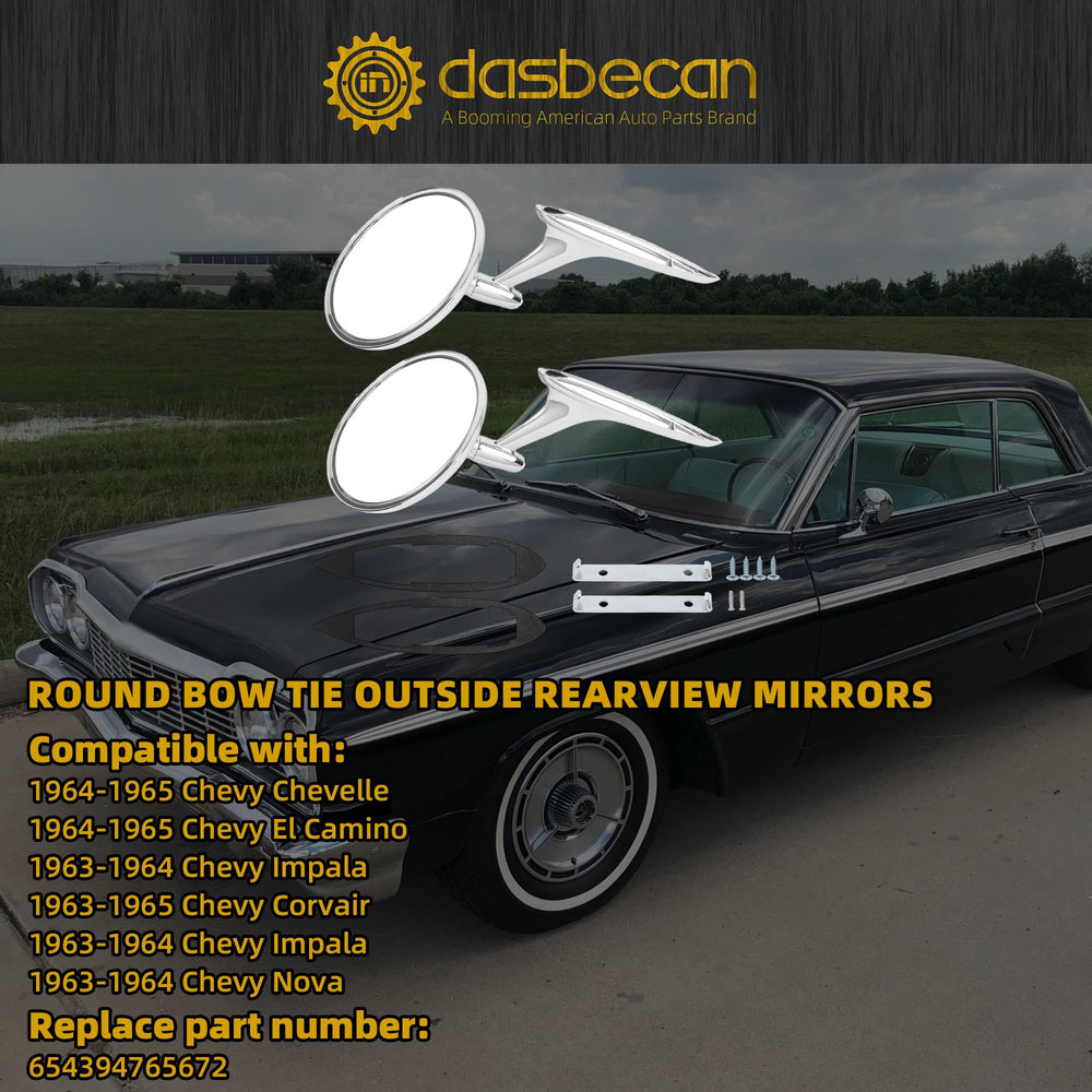 Dasbecan chrome round bowtie mirror, side view, enhances vintage Chevy styling and visibility.