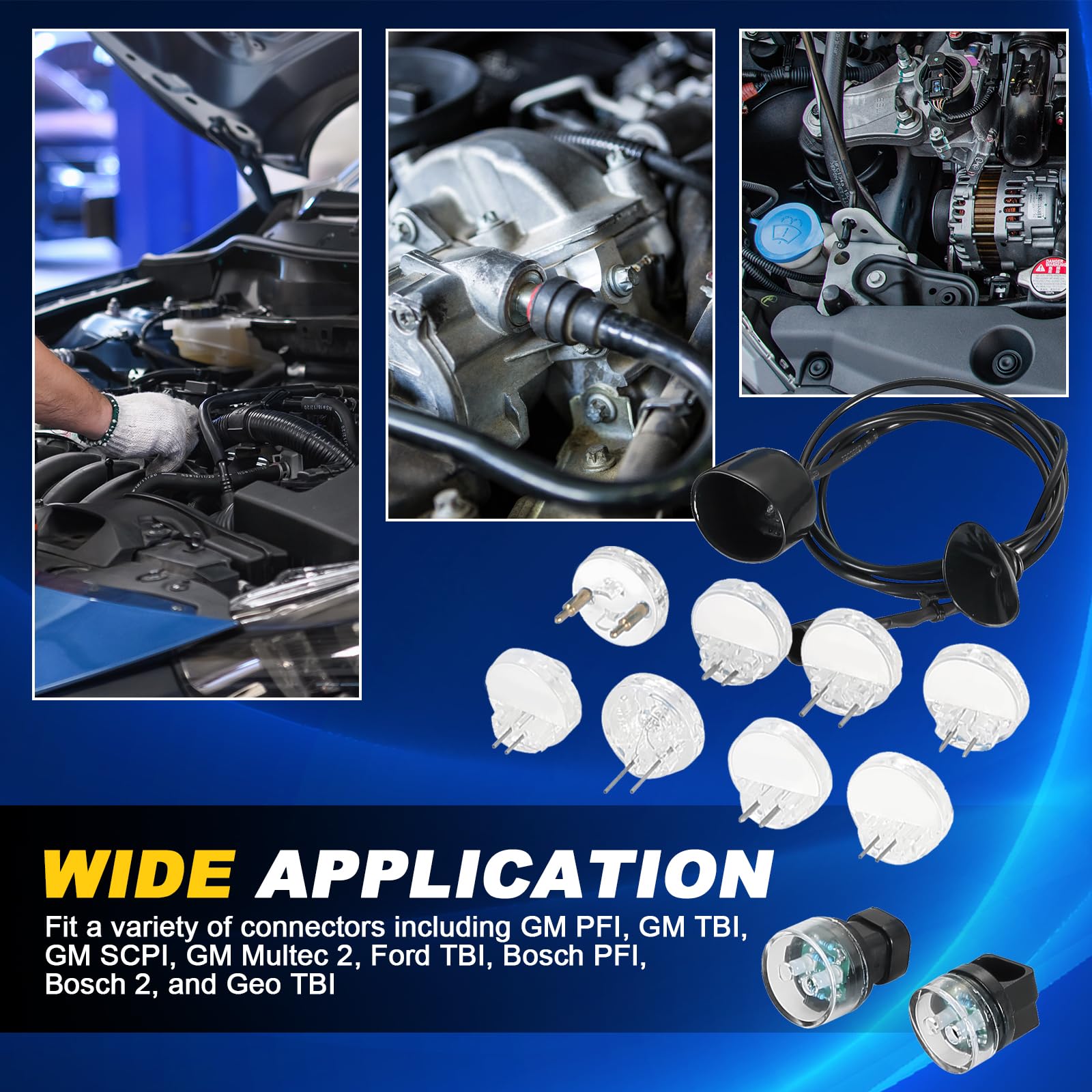 DASBET fuel injector tester contents include noid lights, IAC testers, and extension harness.