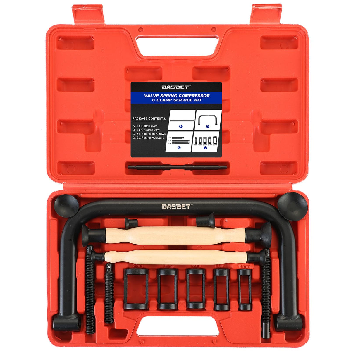 DASBET valve spring compressor with C clamp in use for safe removal.