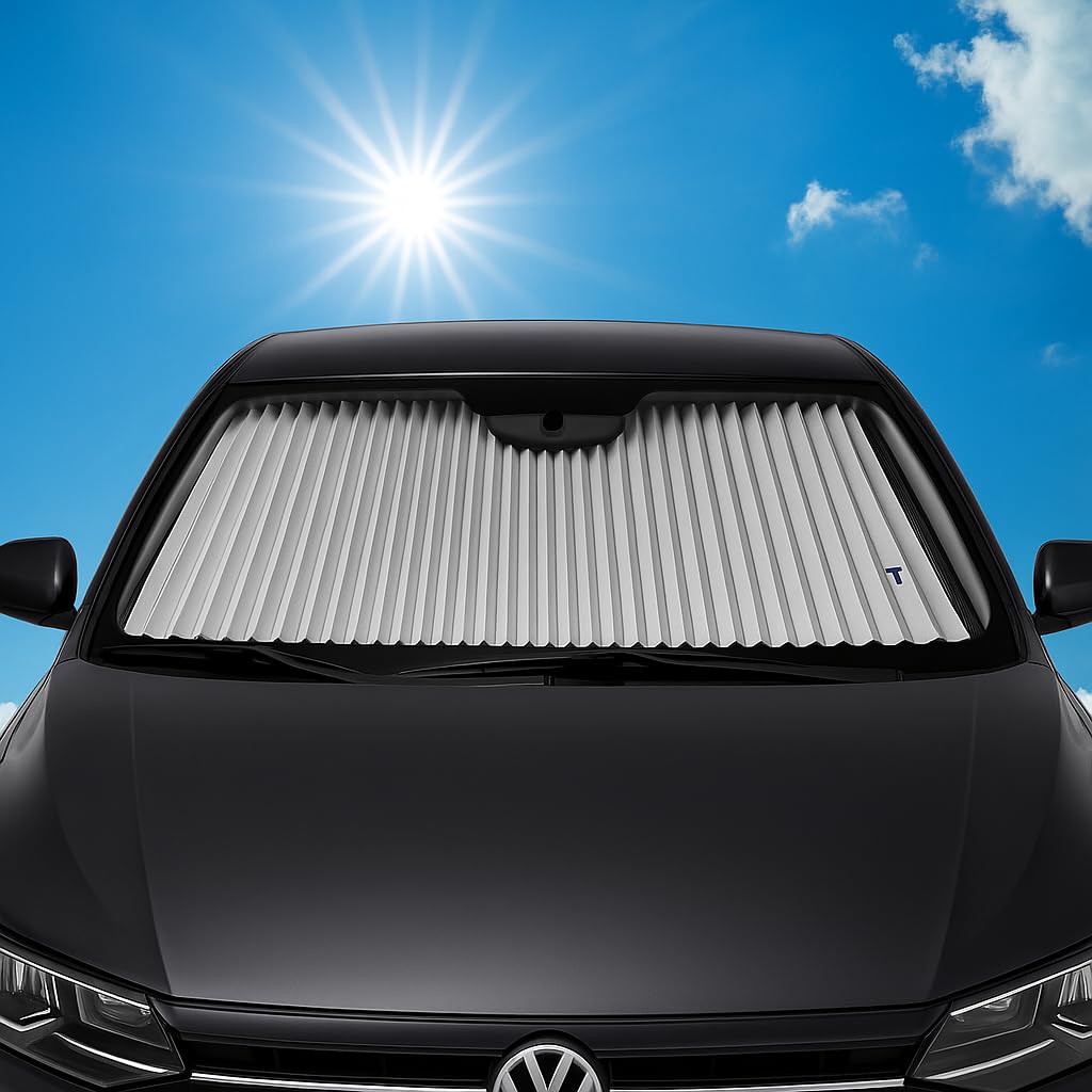 Dash Designs windshield shade extended across the windshield for cooling and protection.