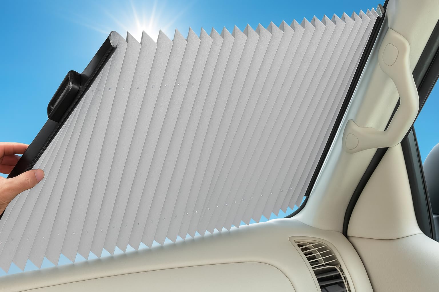 Dash Designs universal shade stowed neatly for easy storage after use.