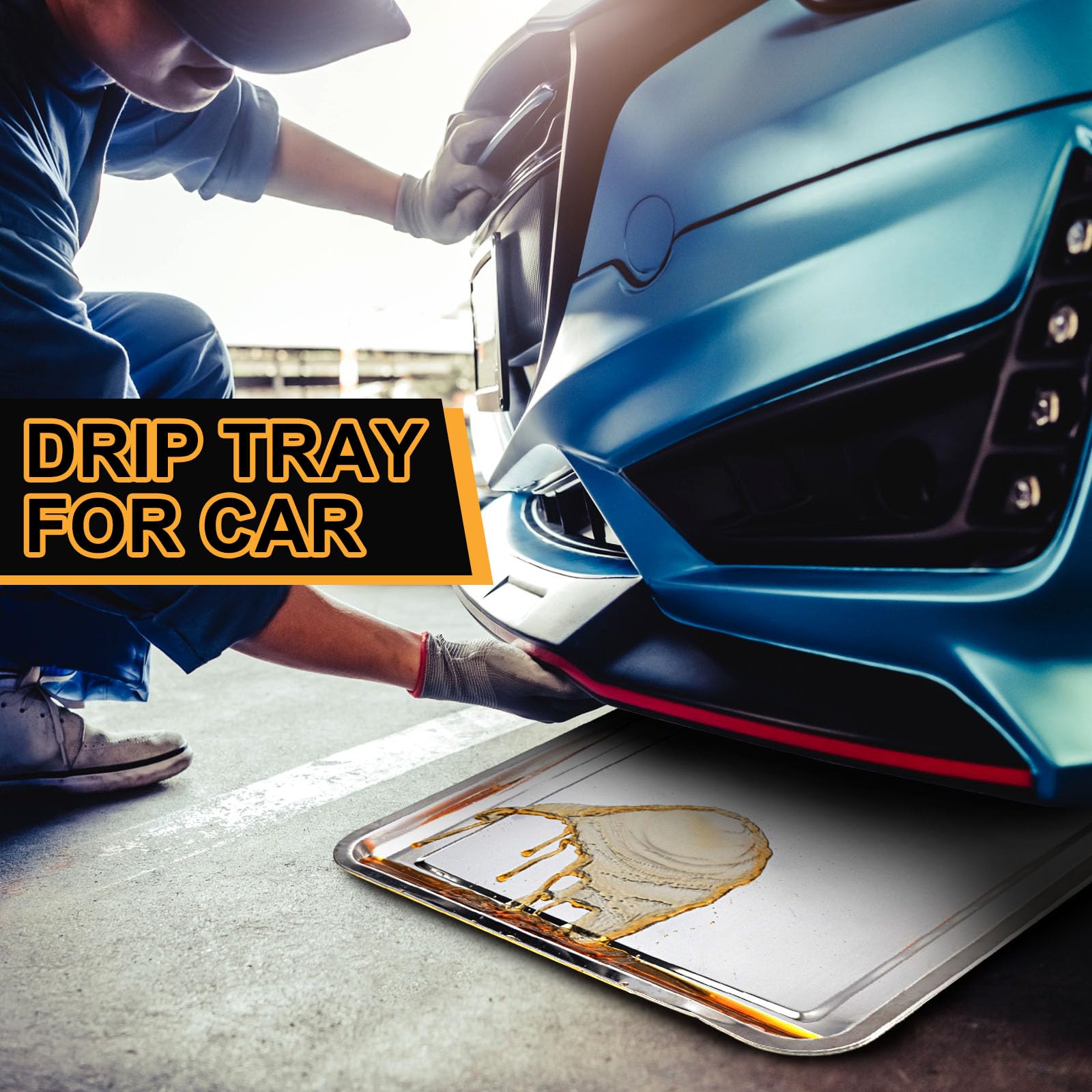 Datanly garage-friendly oil change pan on floor helps contain spills