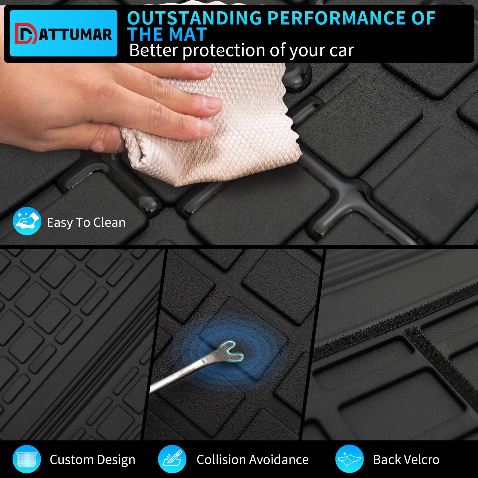 Dattumar Ford Expedition mats feature Velcro tabs for quick, tool-free installation.