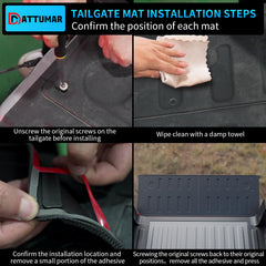 Dattumar installation guide demonstrates simple tailgate mat adhesion steps