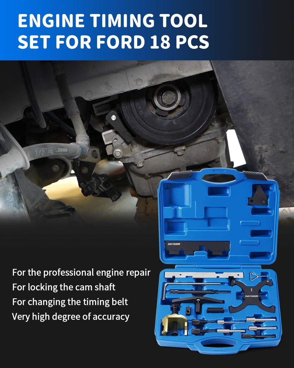 DAYDOOR camshaft locking tools in use during belt service for Ford engines.