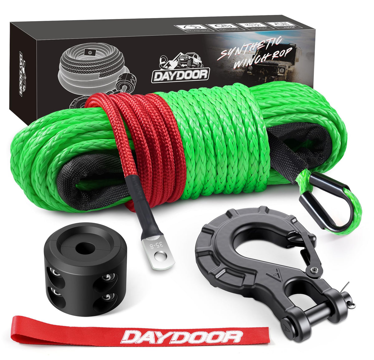 DAYDOOR synthetic winch rope close-up showing 50ft length and high strength for off-road recovery.
