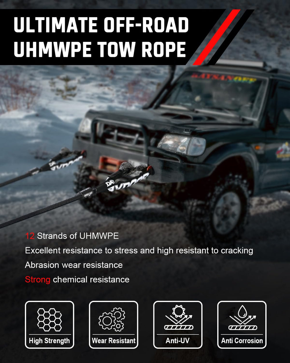 DAYDOOR UHMWPE tow rope close up shows strength and low stretch