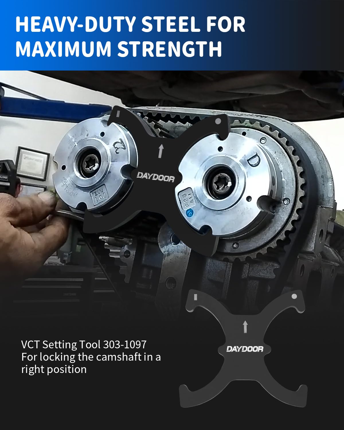 DAYDOOR VCT timing adjuster tool aligned for EcoBoost timing accuracy.