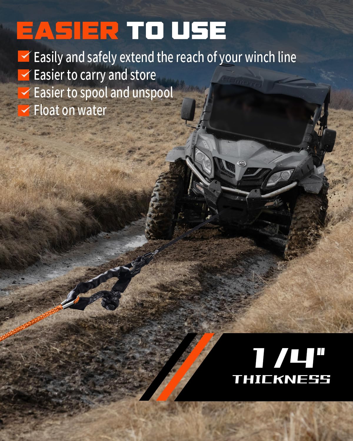 DAYDOOR Winch Rope Extension 50ft buoyant design floats in water for creek recoveries.