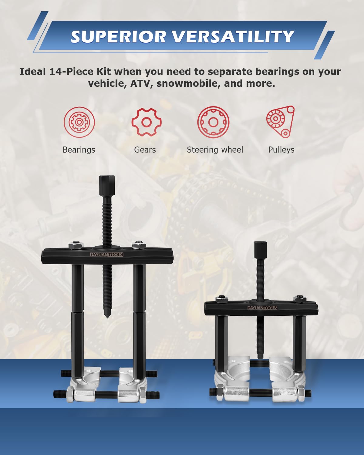 DAYUAN 3-inch jaws suited for larger bearings and balanced force.