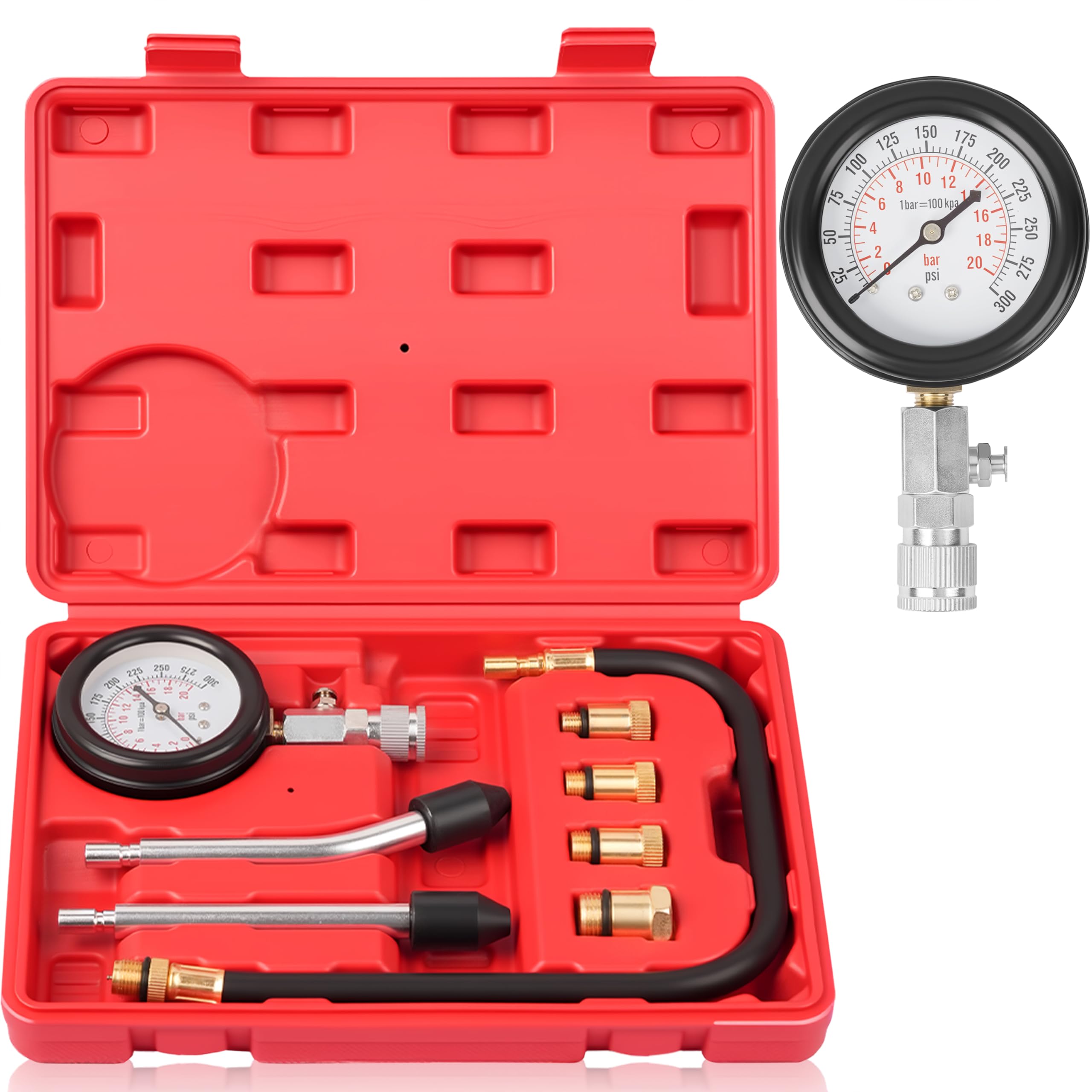 DAYUAN compression tester kit 8pcs in case for automotive and motorcycle diagnostics.