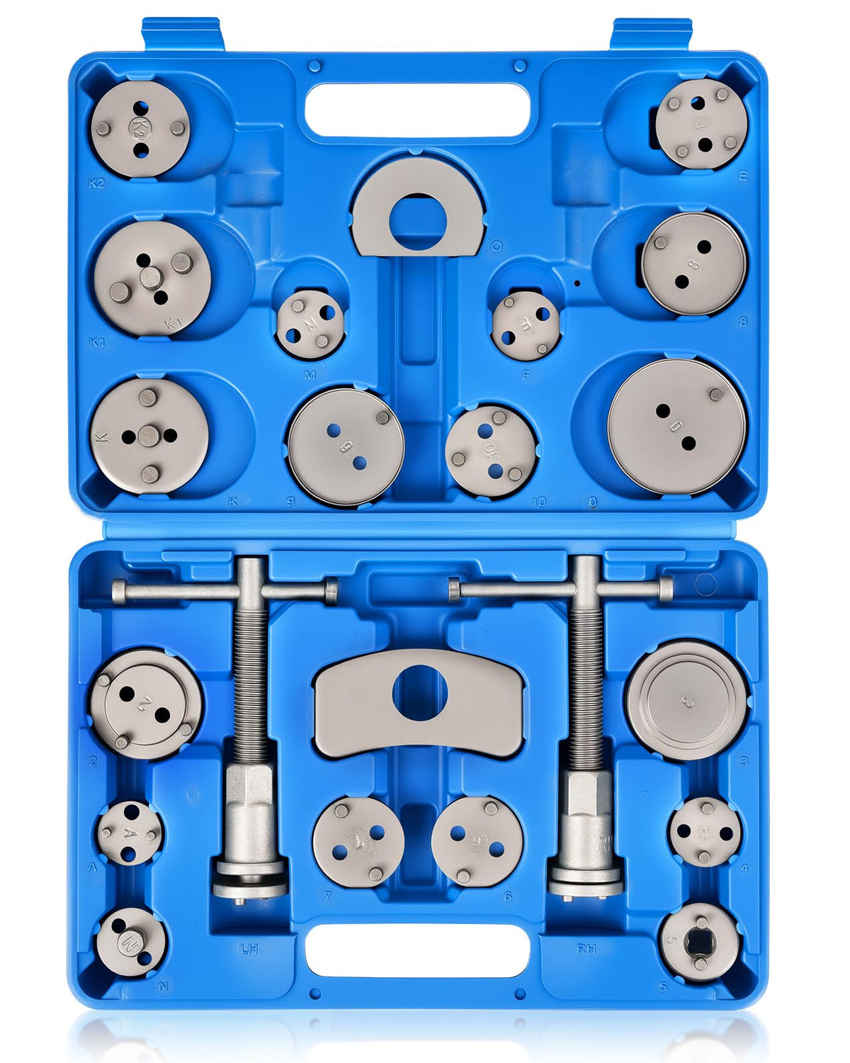 DAYUAN disc brake caliper piston rewind tool kit contents shown with multiple adapters.