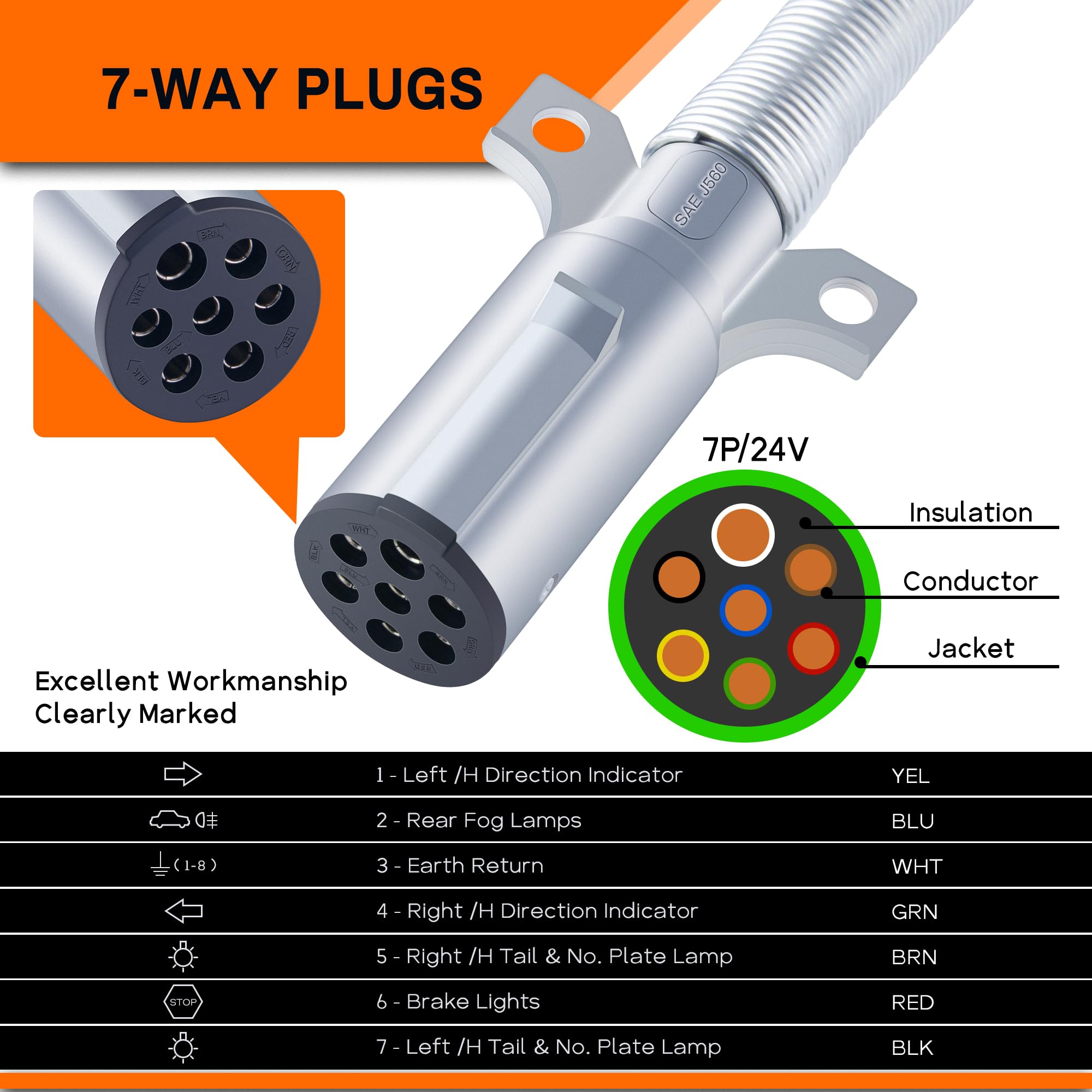 Dazakoot SAE J560 compliant 7-way plug for broad trailer compatibility.
