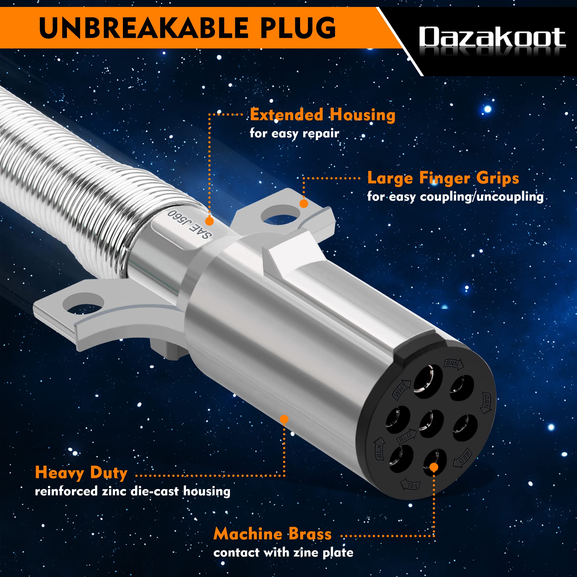 Dazakoot seven-way ABS cord connected to semi-truck trailer for dependable operation