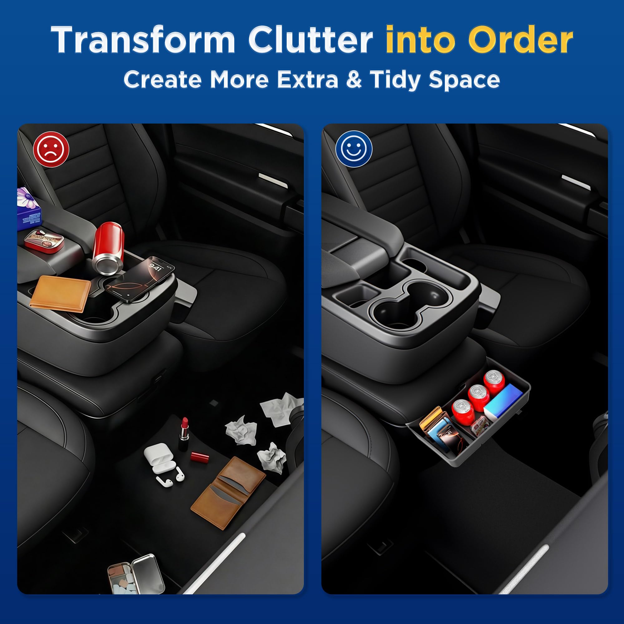 DAZANZAN Silverado console tray, top view, adds organized compartments for devices and cards.