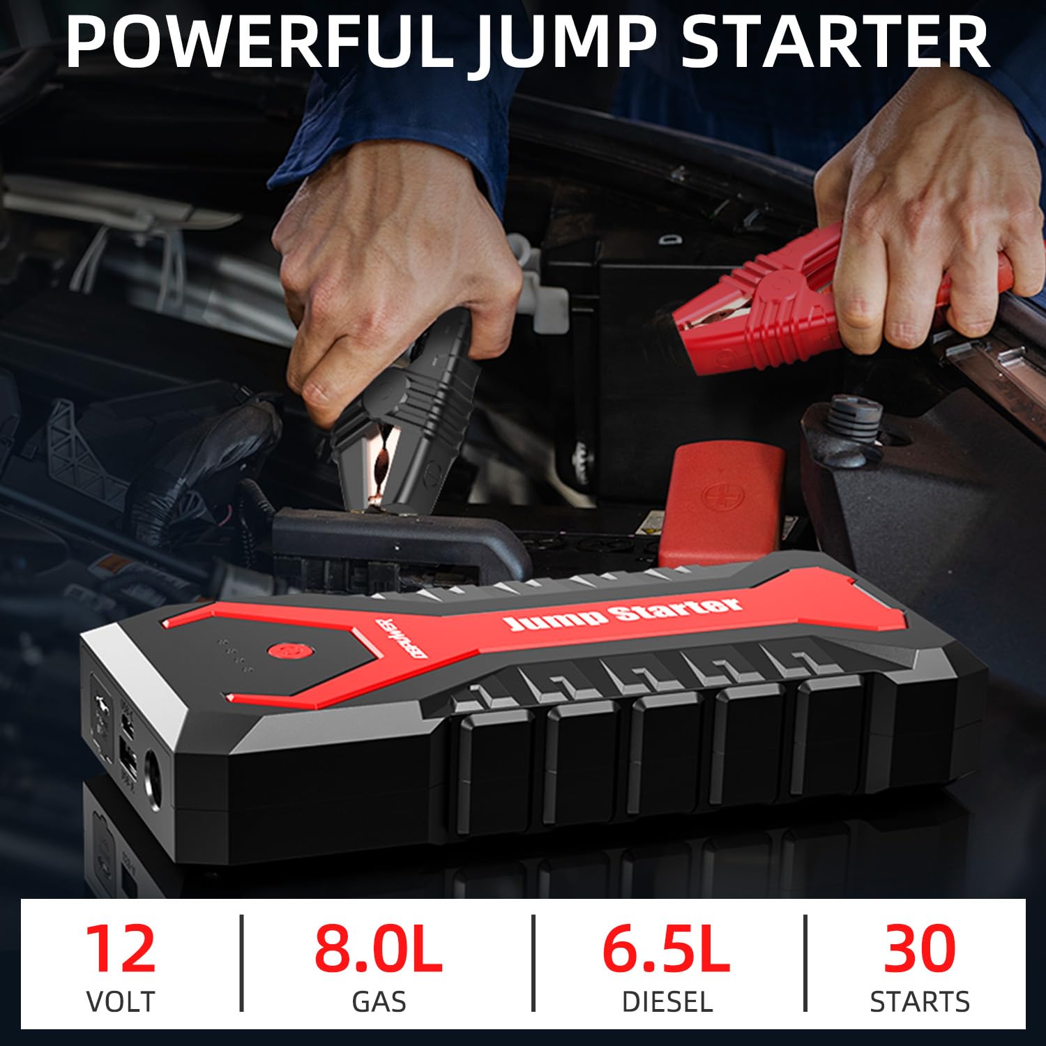 DBPOWER 5000A with smart clamps attached for instant engine starts.