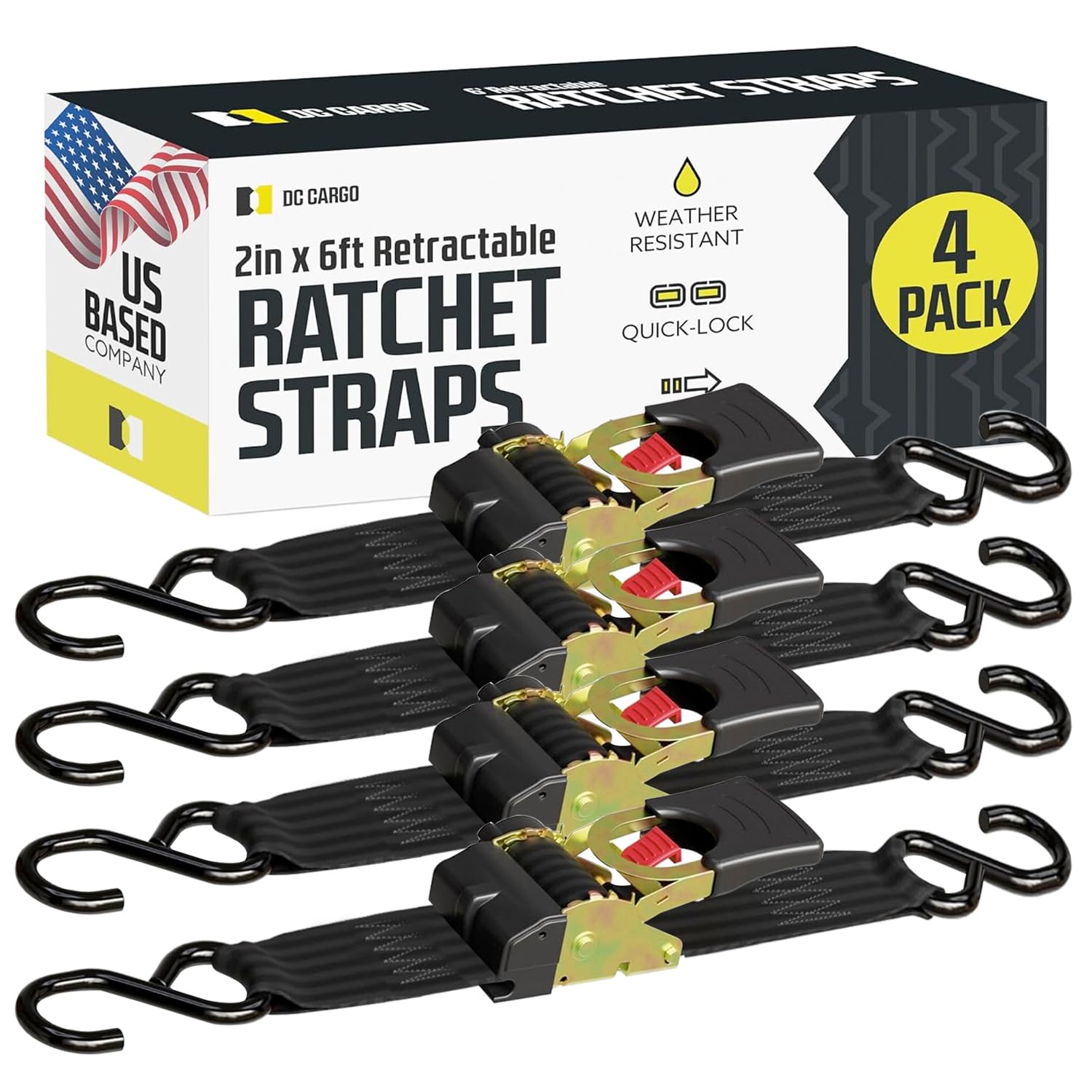 DC Cargo Mall auto retractable ratchet straps in package demonstrate quick cargo securing.