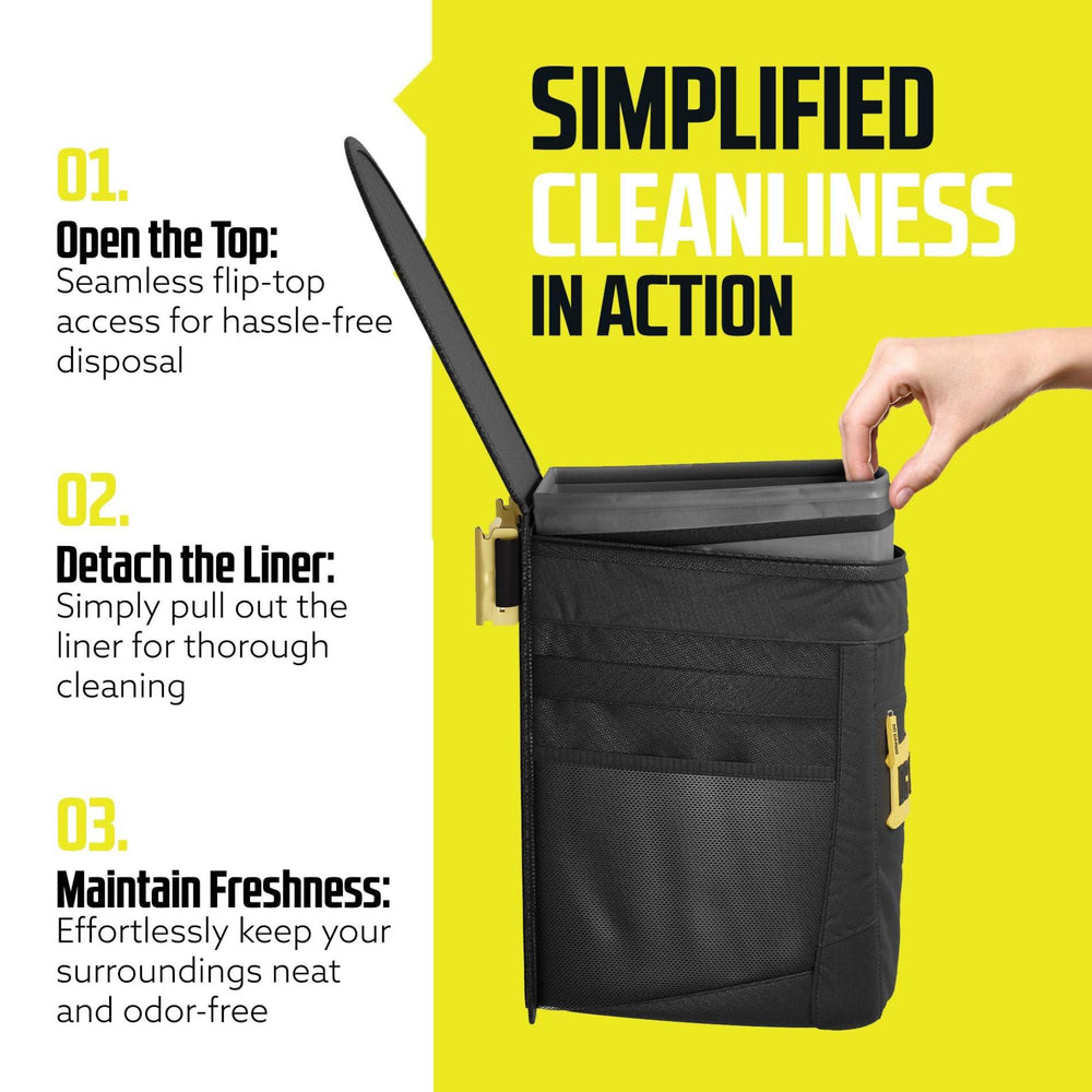 Flip-top cover controls odors and prevents spills in transit.