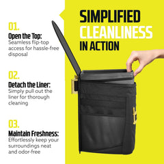 Flip-top cover controls odors and prevents spills in transit.