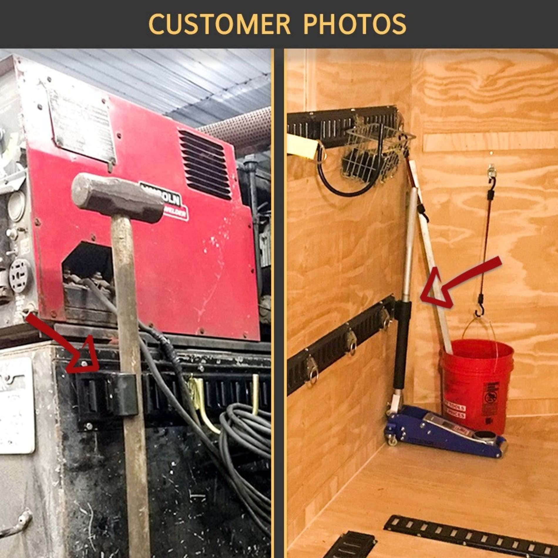 DC Cargo Mall E-Track holders secure rakes and shovels without clutter