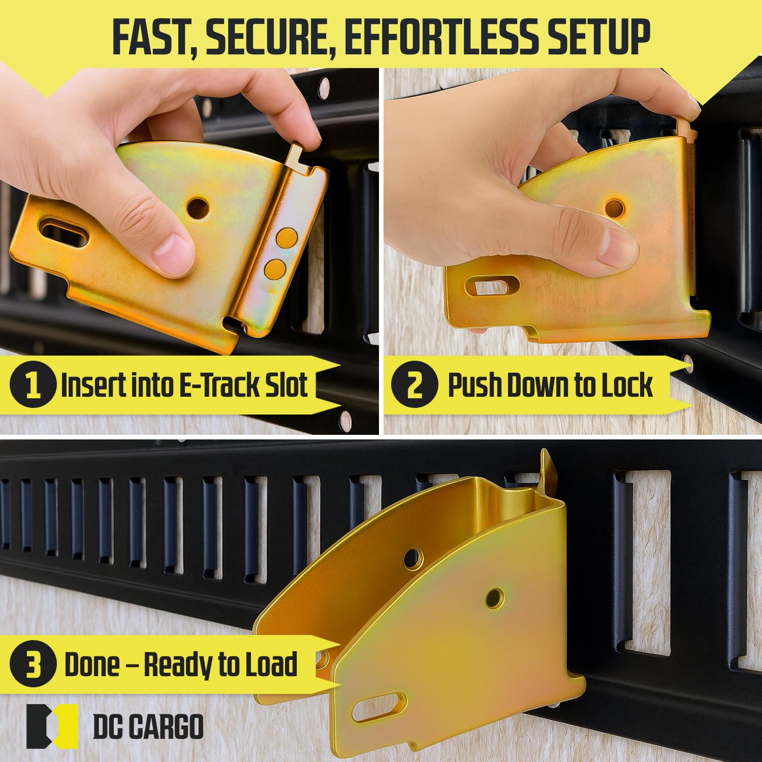DC Cargo Mall brackets fit both E-track and X-track rails for flexibility.