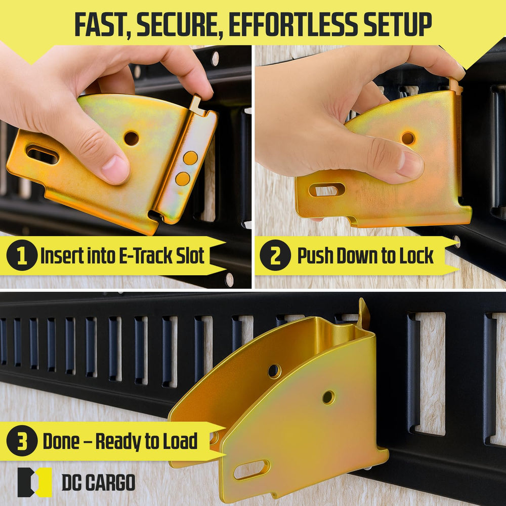 DC Cargo Mall brackets fit both E-track and X-track rails for flexibility.