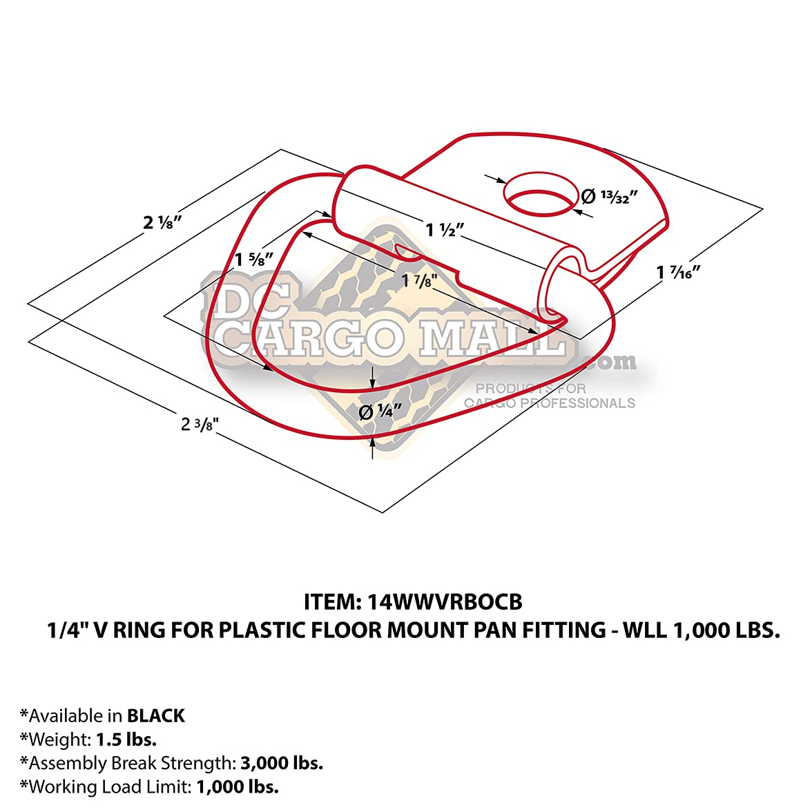 DC Cargo V-Ring mounting-hole size guides easy 13/32 to 1/2 inch prep.