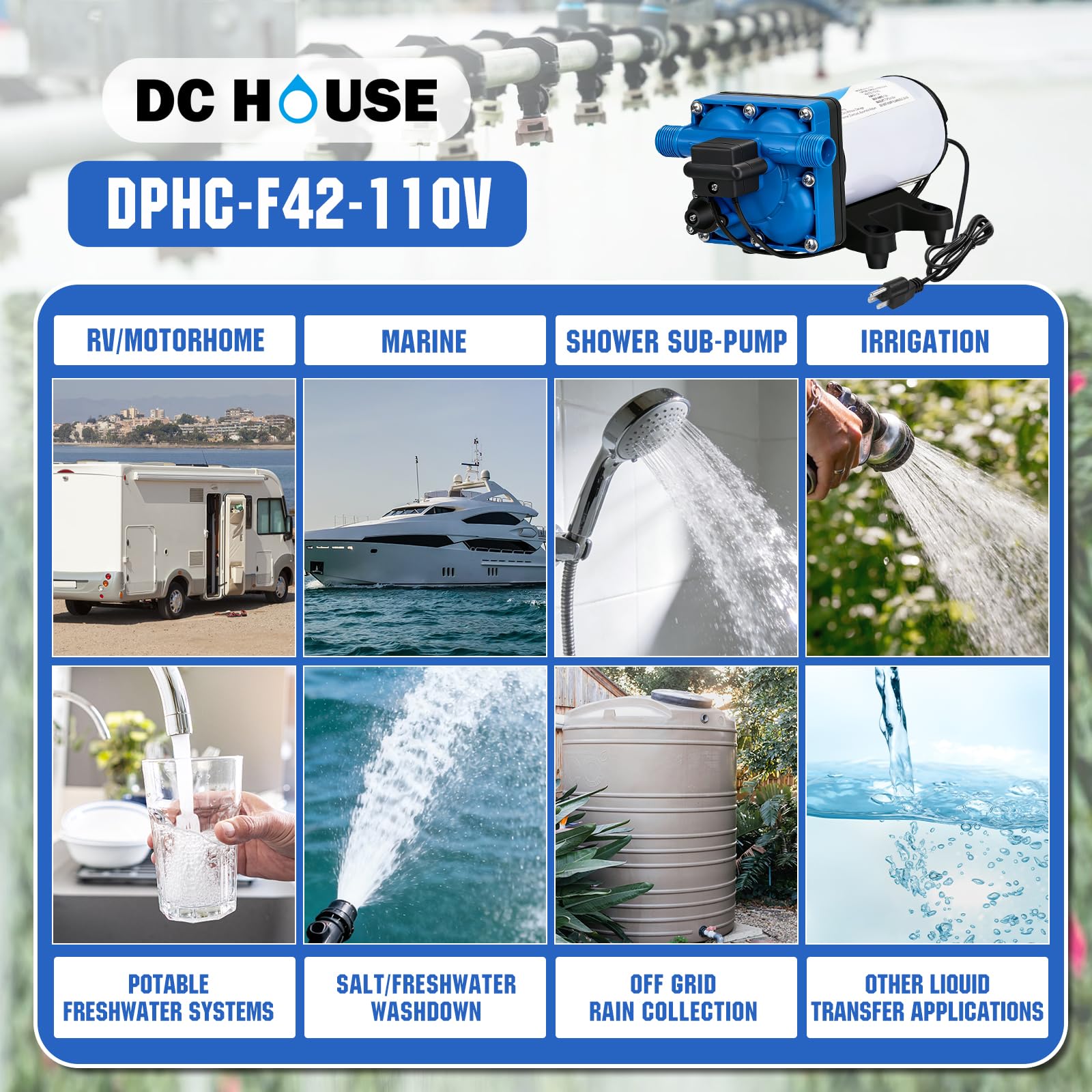 DC HOUSE 110V pump discharge nozzle shows high-pressure output.