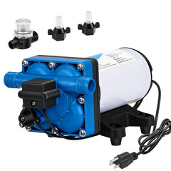 DC HOUSE 110V pump front view; compact booster for RVs and boats.