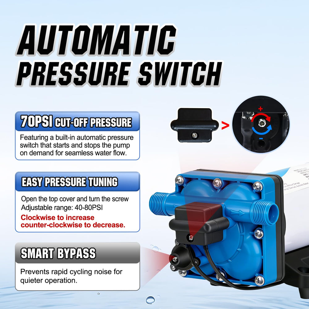 DC HOUSE 110V pump pressure switch detail with adjustable setting.