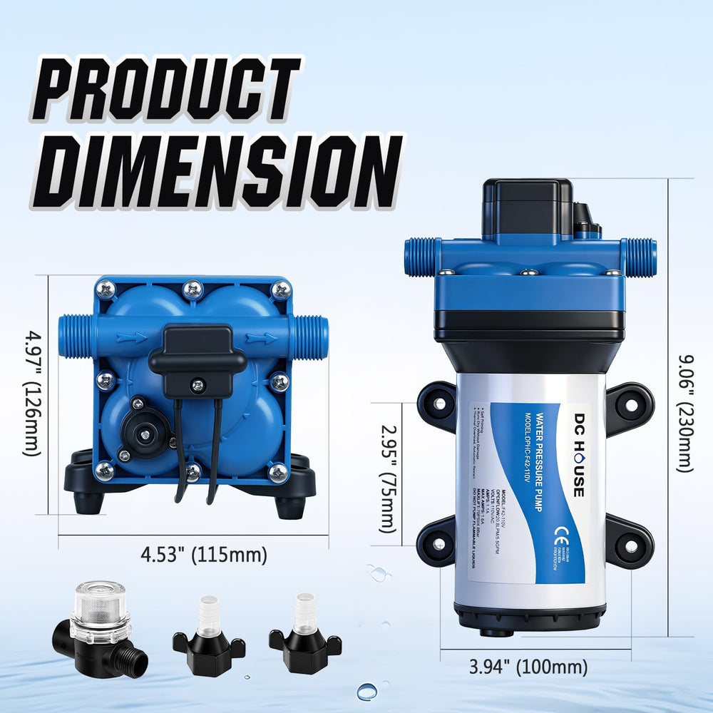 DC HOUSE 110V pump side view highlighting durable construction.