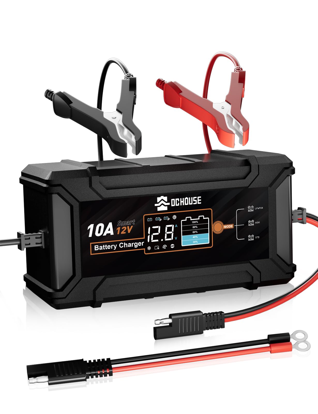 DC HOUSE charger LCD shows real-time voltage and current for easy monitoring.
