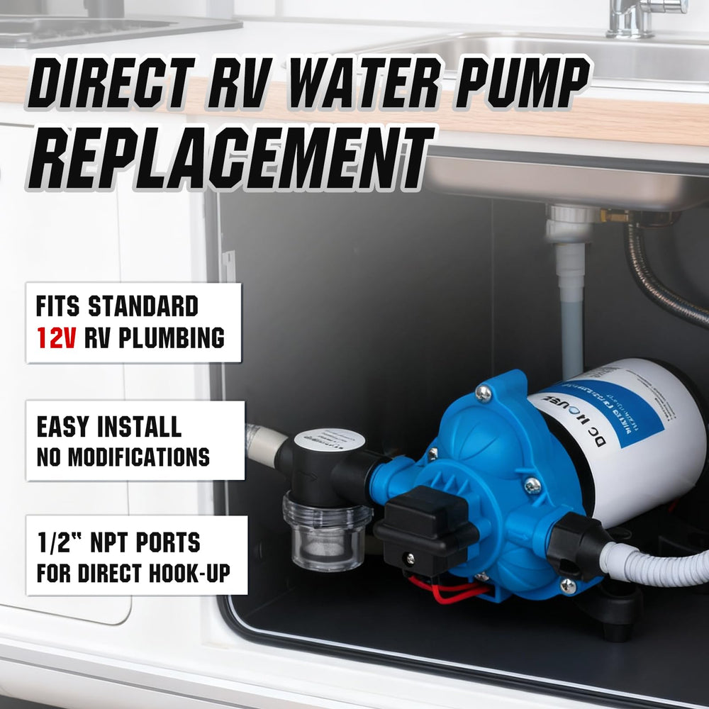 DC HOUSE marine use compatible pump for boats and travel applications.
