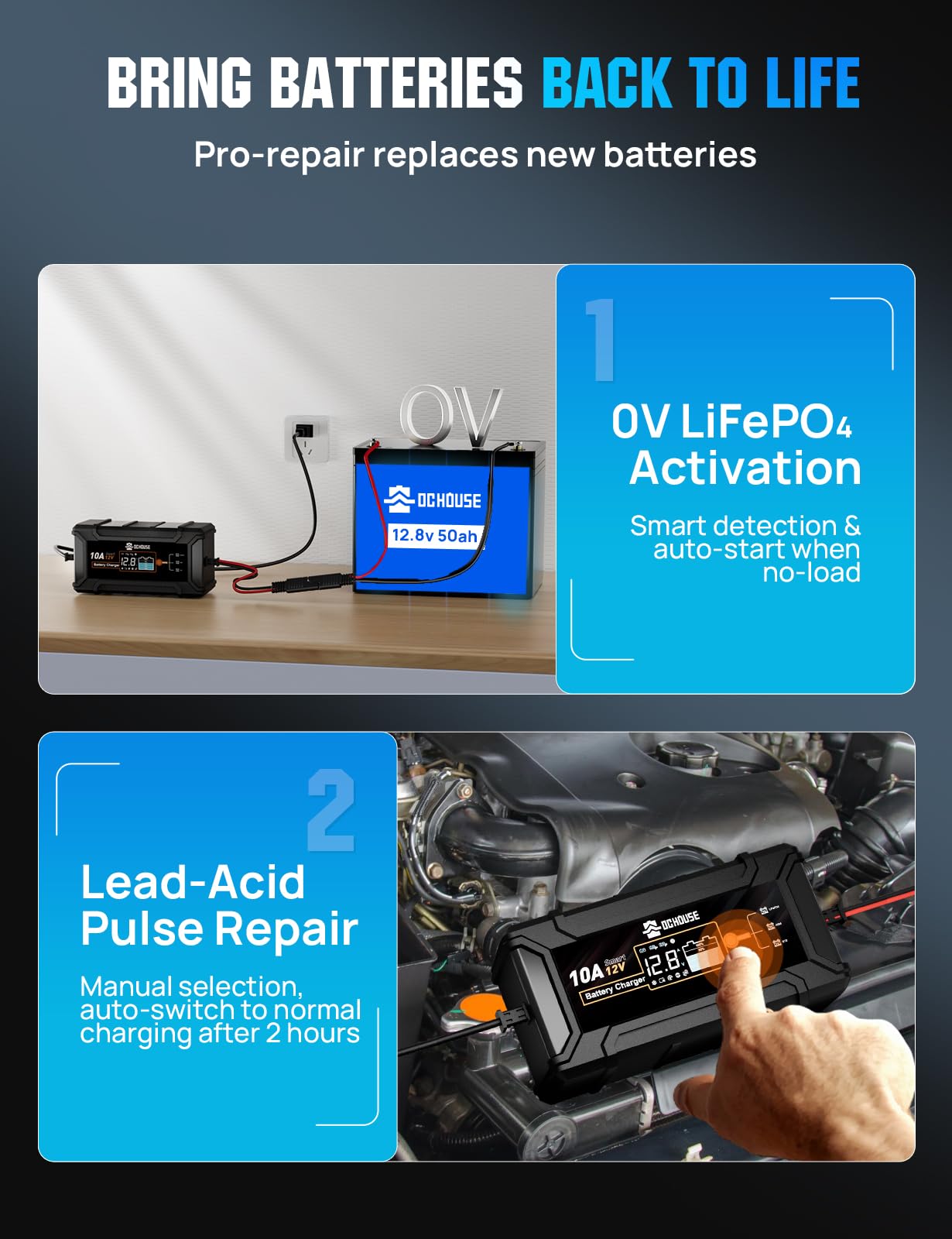 DC HOUSE pulse repair restores sulfated lead-acid batteries efficiently.